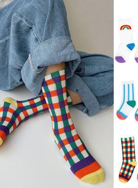 新品网红时尚潮流ins格子彩虹条纹潮儿童亲子宝宝女士中筒袜