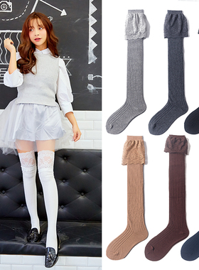 新款大蕾丝花边日系学生竖条纹女生高筒长筒过膝袜防滑大腿袜