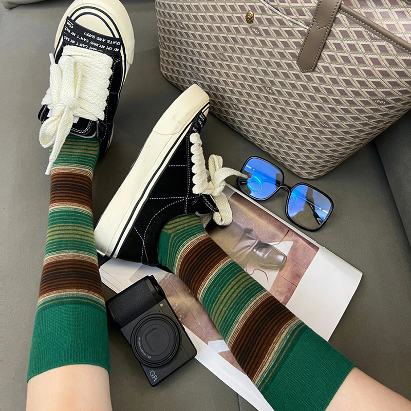 潮流日系绿棕条纹撞色小腿堆堆袜