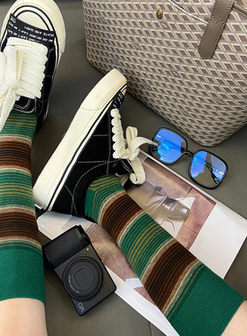 UINXX绿棕条纹撞色女复古墨绿色小腿袜冬秋季堆堆袜ins风潮流日系