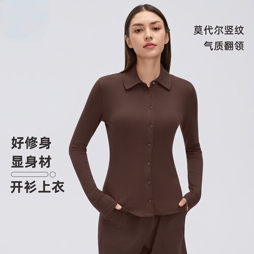 瑜伽莫代尔透气亨利领长袖T恤