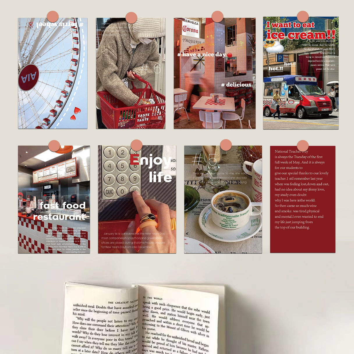 红色ins风15张简约现代风装饰卡片墙面明信片寝室客厅卧室装饰画