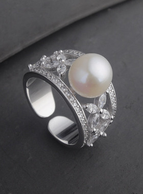 纯银微镶天然珍珠戒指S925指环