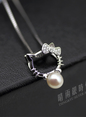 可爱猫项链锁骨链925珍珠吊坠