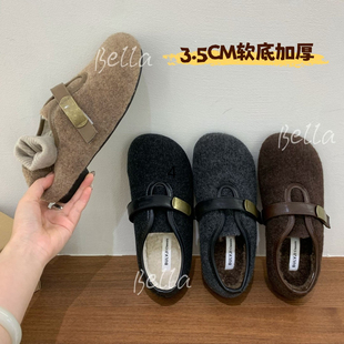 加厚底毛呢毛毛鞋女外穿秋冬季加绒棉鞋平软底保暖玛丽珍豆豆鞋子