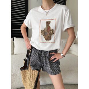 司南 小众设计感 复古花瓶刺绣圆领宽松显瘦百搭短袖T恤 SN9046