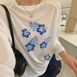 女夏宽松百搭长袖 25春夏季 微透防晒罩衫 新款 t上衣 韩系薄款
