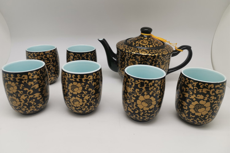台湾进口正品黑釉金花双人茶具