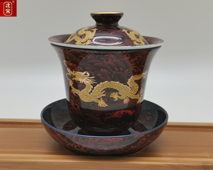 建窑盖碗红金龙陶瓷过滤四件套茶杯台湾原产精品礼盒装单个茶碗