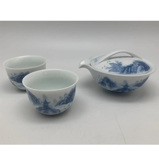 台湾建窑茶具正品 陶瓷茶具套装釉里山水四件扁壶2杯双人组