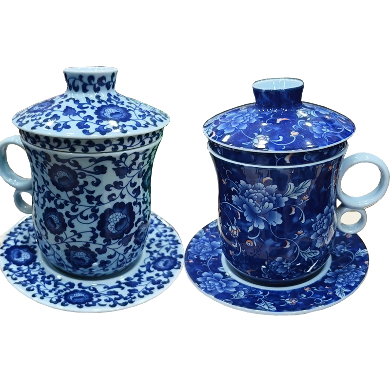 台湾建窑牡丹青花四件套办公茶杯带过滤内胆单个陶瓷大号泡茶水杯