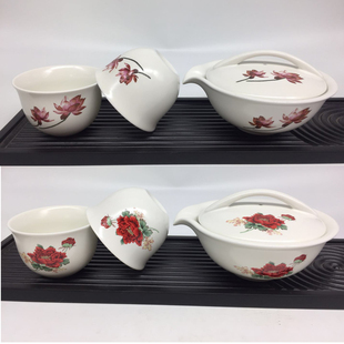 台湾建窑四件茶具套装 陶瓷家用富贵牡丹釉上彩扁1壶2杯组带礼盒