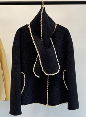 高端100绵羊毛围巾领短款小个子双面羊毛大衣女2025年富家千金感