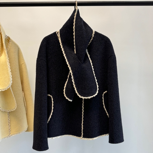 高端100绵羊毛围巾领短款小个子双面羊毛大衣女2025年富家千金感