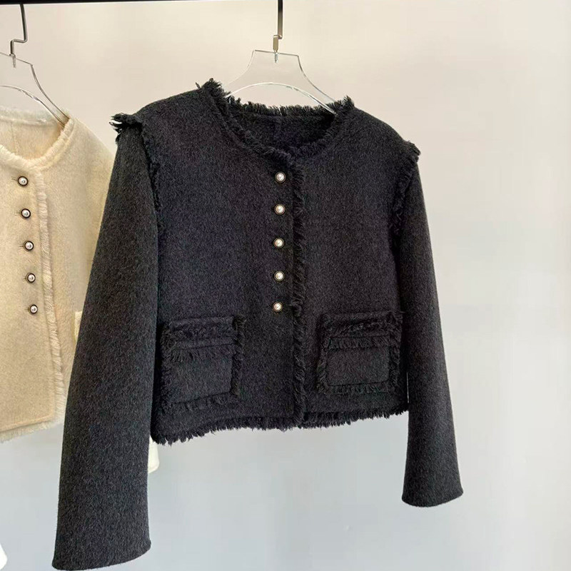 短款小个子双面羊绒大衣女小香风