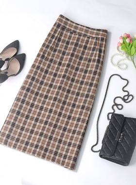 春装西装格子开叉半身裙女设计感小众中长款高腰显瘦包臀一步裙