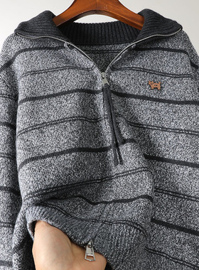 条纹撞色立领毛衣女2025秋冬小猫高领开衫宽松百搭软糯外套上衣