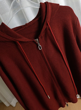 早秋新款女装双拉链针织开衫毛衣长袖宽松连帽纯色百搭女上衣外套