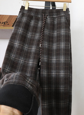 复古格纹阔腿裤女高腰加绒直筒休闲裤松紧腰带显瘦长裤
