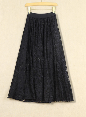 半身裙遮肉显瘦蕾丝女秋季新款中长款黑色重工钉珠高腰伞裙a字裙