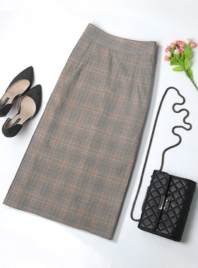 超火格子西装半身裙女春季新款高腰过膝中长款开叉一步显瘦包臀裙