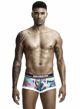 SEOBEAN男士内裤 弹性涤纶丝滑印花明筋U凸单层低腰平角裤男90225
