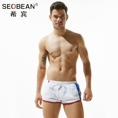 SEOBEAN男士沙滩短裤尼龙丝滑速干系绳口袋低腰家居运动短裤80601