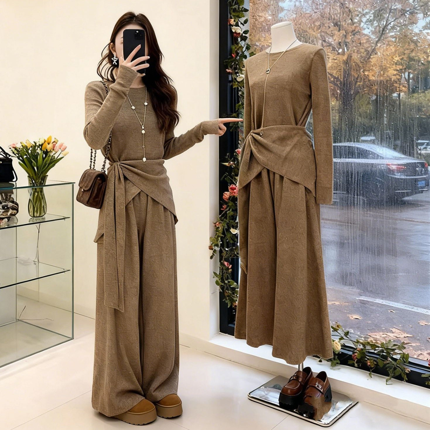 韩系时尚穿搭秋冬新款气质设计感不规则洋气针织衫阔腿裤两件套装,女装/女士精品,休闲运动套装,淘宝优惠券,粉丝福利购,淘宝优惠卷