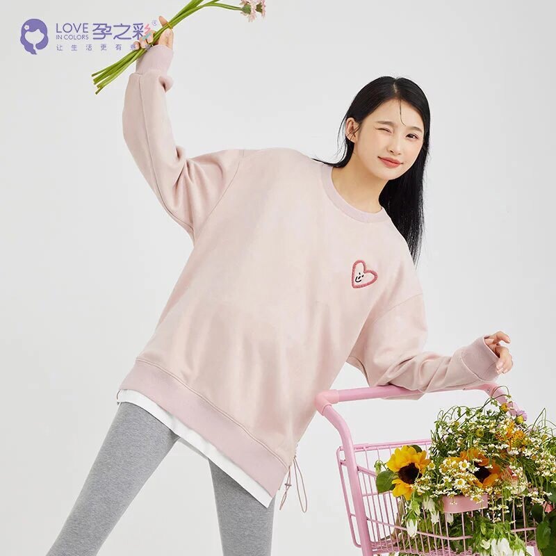 출산 색상 가을 가짜 투피스 에어 레이어 피부 친화적인 라운드 넥 스웨트 셔츠 다목적 풀오버 탑