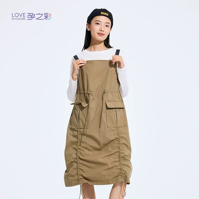 孕之彩春夏款时尚洋气中长款工装风背带裙宽松孕妇连衣裙图片