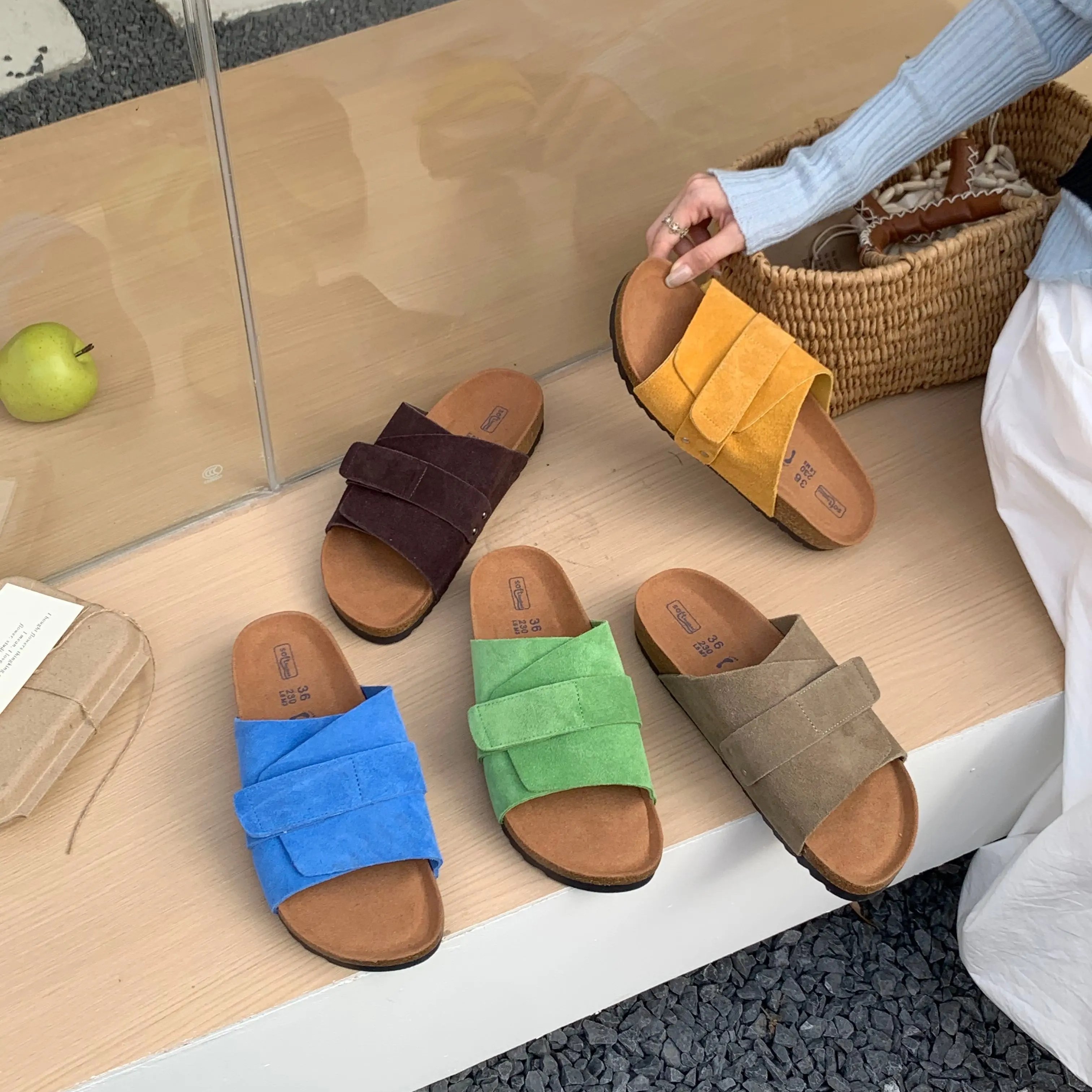 勃肯鞋女夏季凉鞋魔术贴一字拖平底厚底真皮休闲凉拖鞋休闲沙滩鞋,女鞋,一字拖,淘宝优惠券,粉丝福利购,淘宝优惠卷