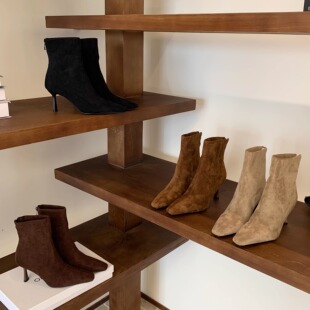 2025冬新款韩版小方头细跟短靴女加绒面高跟时装靴百搭显瘦瘦靴子