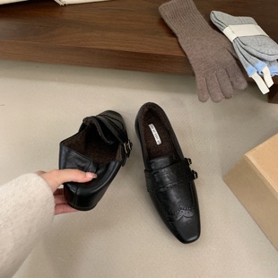 复古方头双搭扣乐福鞋女英伦风一脚蹬小皮鞋百搭深口单鞋加绒真皮