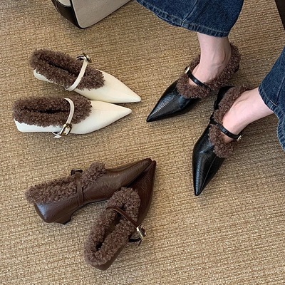 复古尖头浅口单鞋女加绒保暖