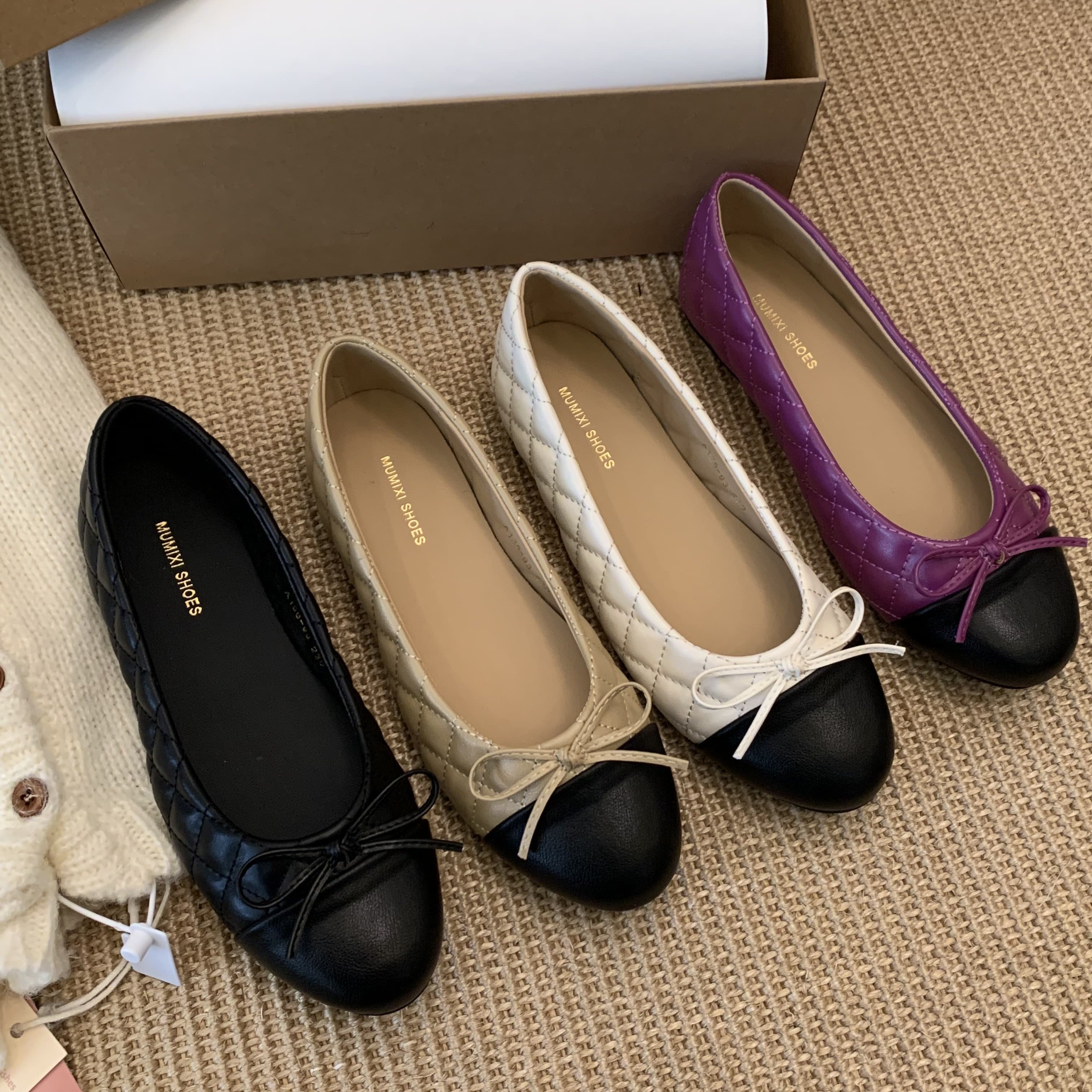 法式仙女风菱格蝴蝶结平底单鞋圆头浅口一脚蹬芭蕾舞鞋子真皮拼接,女鞋,浅口单鞋,淘宝优惠券,粉丝福利购,淘宝优惠卷