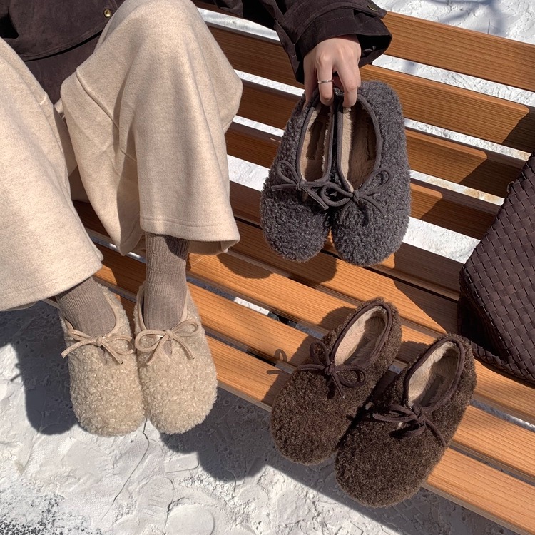 羊羔毛绒蝴蝶结深口单鞋