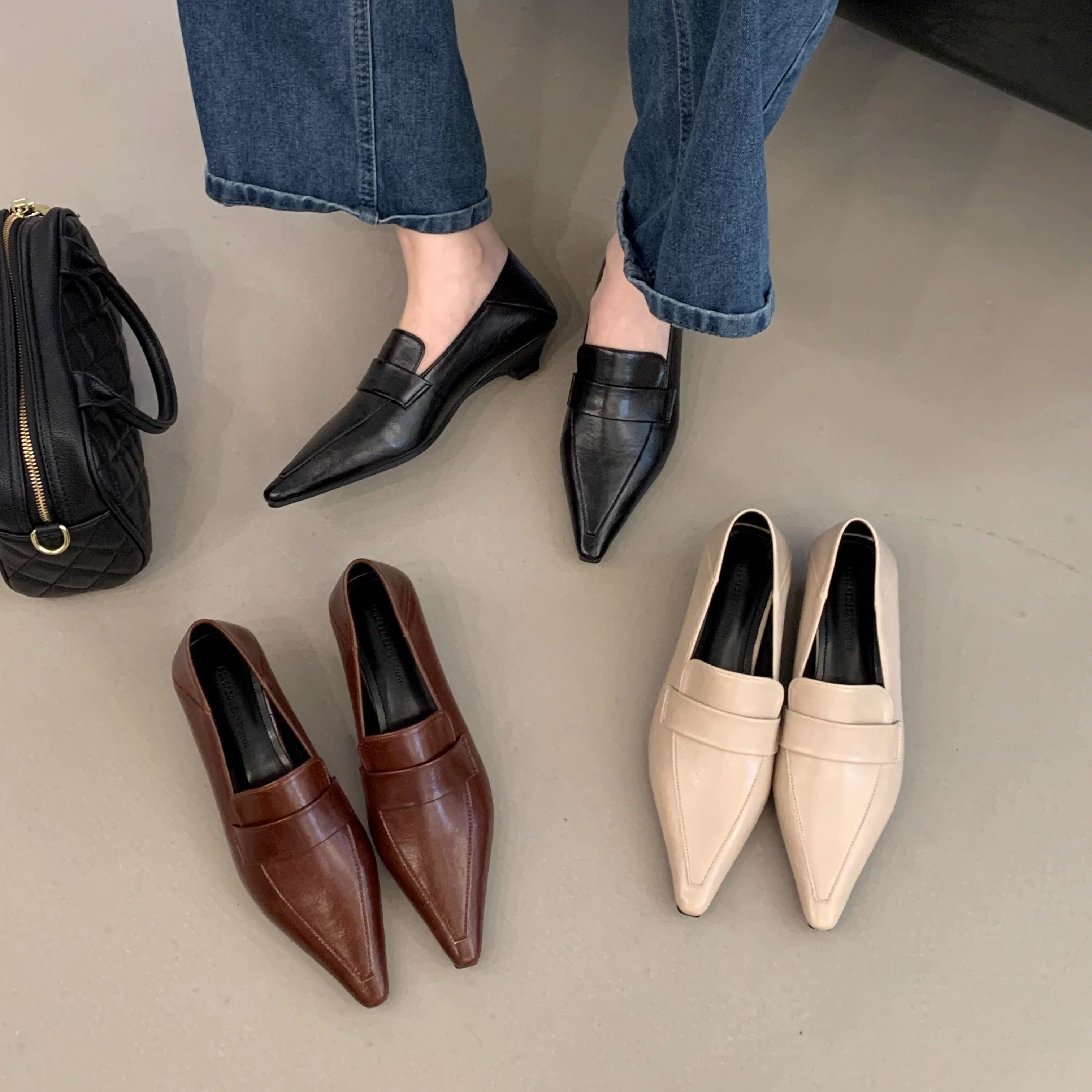 韩版尖头乐福鞋女低跟深口单鞋百搭通勤小皮鞋真皮休闲豆豆鞋个性,女鞋,深口单鞋,淘宝优惠券,粉丝福利购,淘宝优惠卷