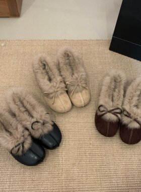 毛绒勃肯鞋女蝴蝶结懒人鞋兔毛毛鞋保暖加绒平底内增高气质棉单鞋