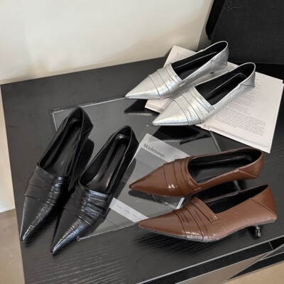 法式小细跟褶皱时尚百搭通勤单鞋