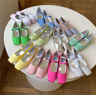 法式 奶奶鞋 一字扣带玛丽珍单鞋 女 绸缎面方头粗跟低跟平底浅口瓢鞋