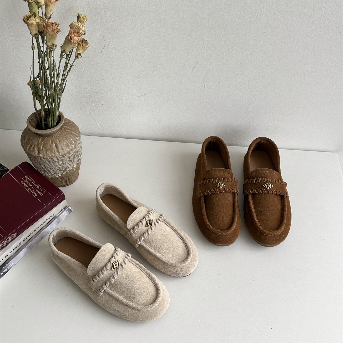 复古麂皮真牛皮乐福鞋女平底鞋百搭一脚蹬豆豆鞋休闲单鞋深口时尚,女鞋,乐福鞋（豆豆鞋）,淘宝优惠券,粉丝福利购,淘宝优惠卷