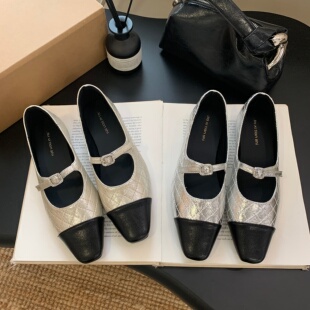 一字扣通勤鞋 子 春平底内增高舒适真皮浅口单鞋 仙女风拼色玛丽珍鞋