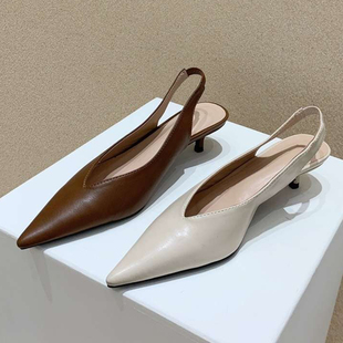 网红尖头细跟中跟包头凉鞋 晚晚仙女风一脚蹬浅口绊带猫跟后空单鞋