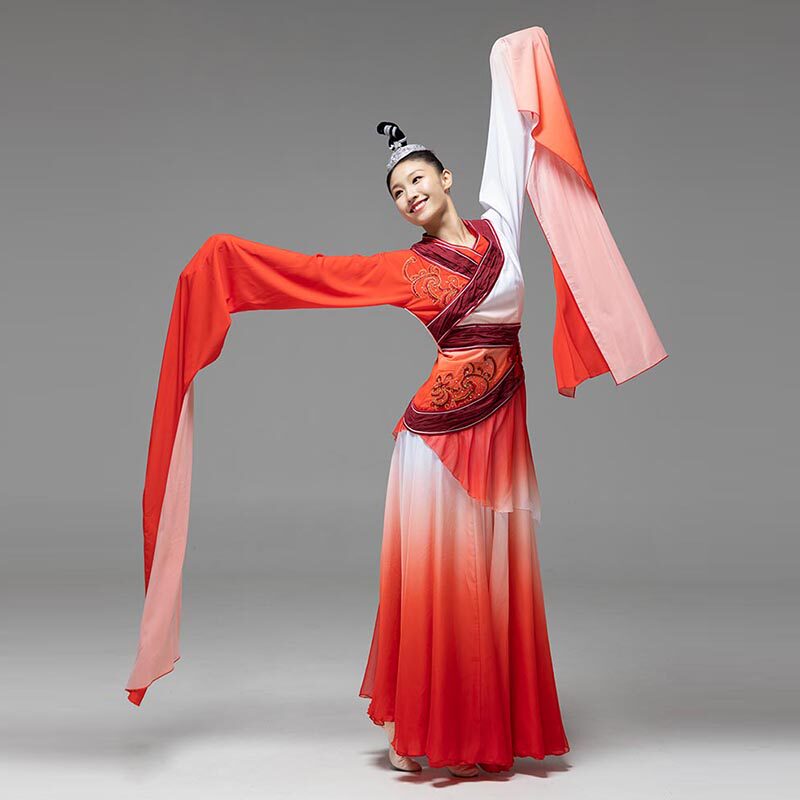 念奴娇红色古典水袖舞蹈服装出租 舞台晚会演出服装表演租赁