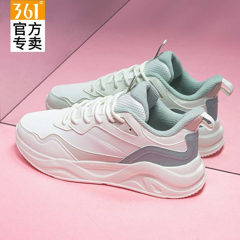 361女鞋运动鞋秋季新款皮面防水休闲鞋子女361度正品增高跑步鞋女