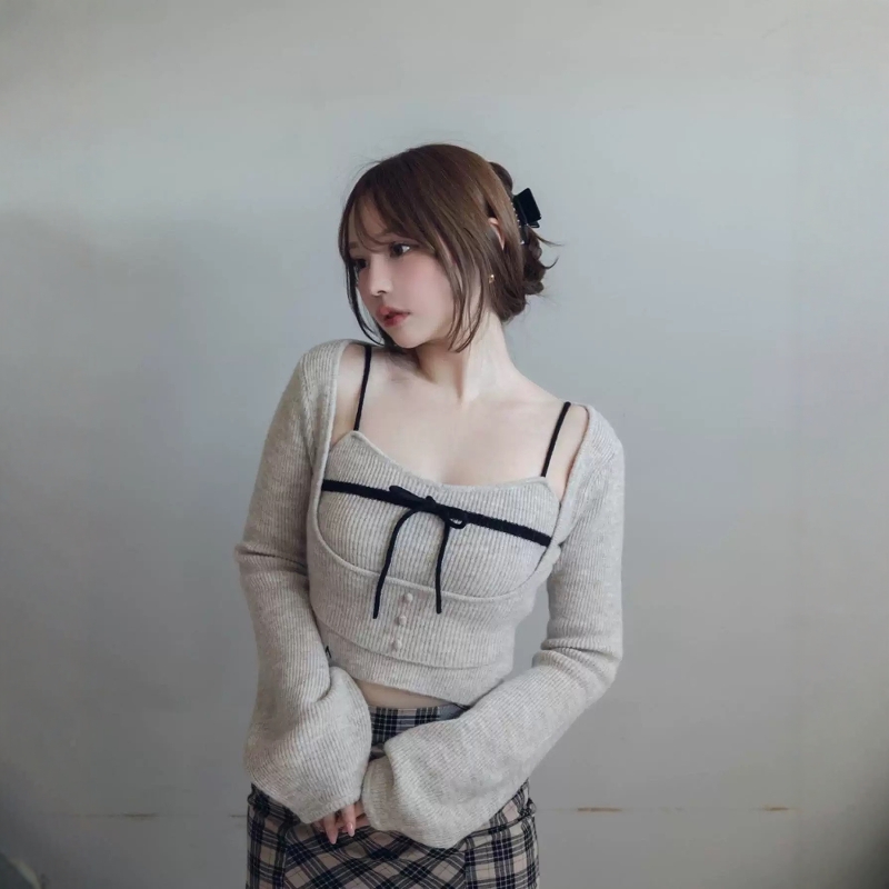 日系纯欲甜美拼色蝴蝶结针织衫