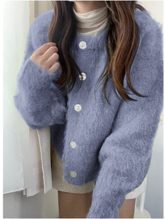 日单 GRL女装2023秋季新款软糯毛绒绒宽松圆领针织开衫外套女