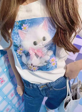 粉色甜心日本  nile*perch* 可爱猫咪动物草莓短袖上衣T恤女