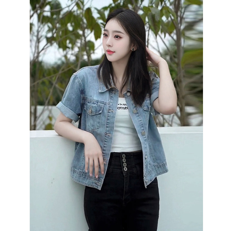 短款牛仔外套女夏季2024新款时尚气质百搭薄款短袖衬衫外搭上衣潮