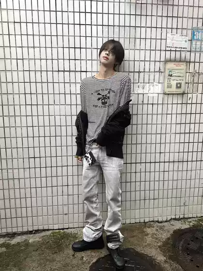 Gojoyjinni Lime White Pulp Resin Waxed Wrinkled Three-Dimensional Whisker Micro-Stretch Slim Straight-Leg Jeans